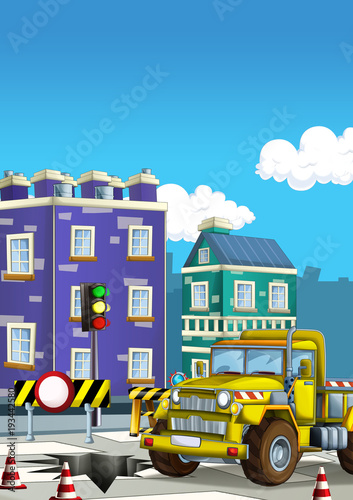 cartoon construction site car on the street in the city - illustration for children © honeyflavour