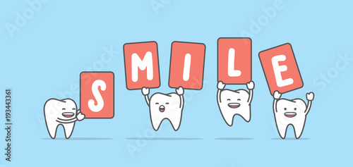 Tooth character jumping up with smile sign illustration vector on blue background. Dental concept.