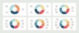 Business infographics. Pie charts with 3, 4, 5, 6, 7, 8 steps, sections. Vector templates.