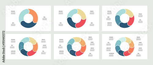 Business infographics. Pie charts with 3, 4, 5, 6, 7, 8 steps, sections. Vector templates.