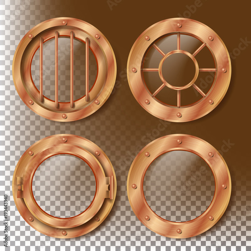 Brass Porthole Vector. Round Metal Window With Rivets. Bathyscaphe Ship Frame Design Element. For Laboratory, Aircraft, Submarines. Isolated On Transparent Background Realistic Illustration