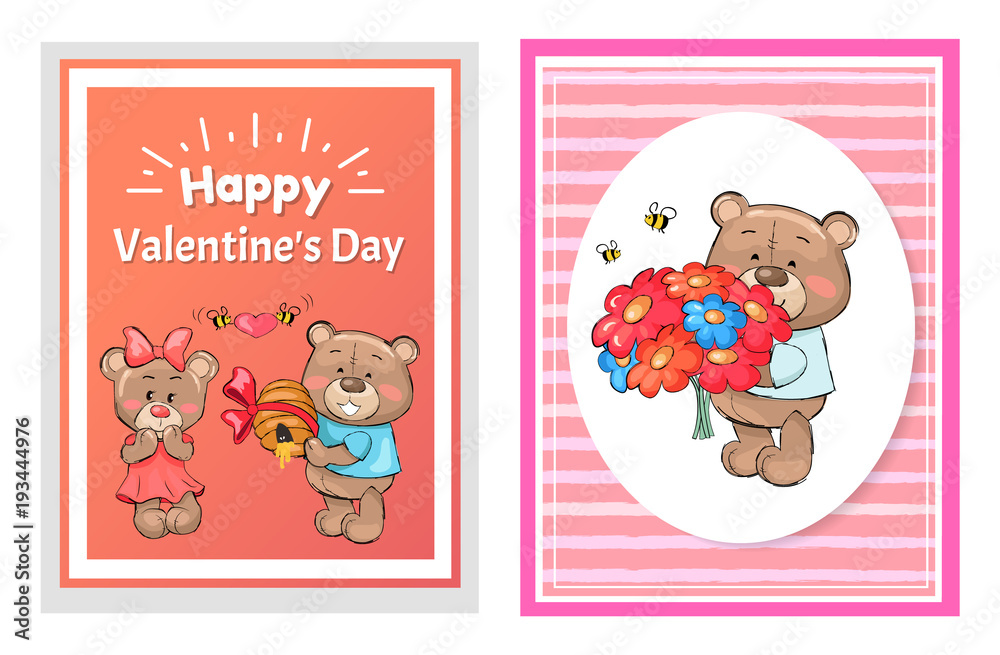 Happy Valentines Day Poster Set Teddy with Bouquet Happy Valentines Day Poster Set Teddy with Bouquet