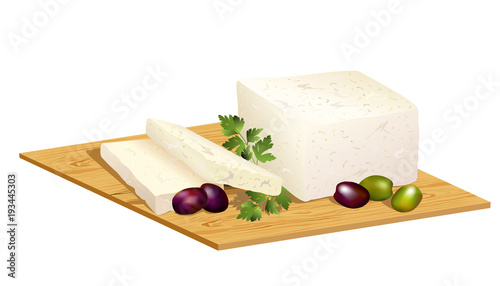 Feta cheese or brynza on wooden board with fresh olives and parsley sprig. Hand drawn vector illustration isolated on white background.