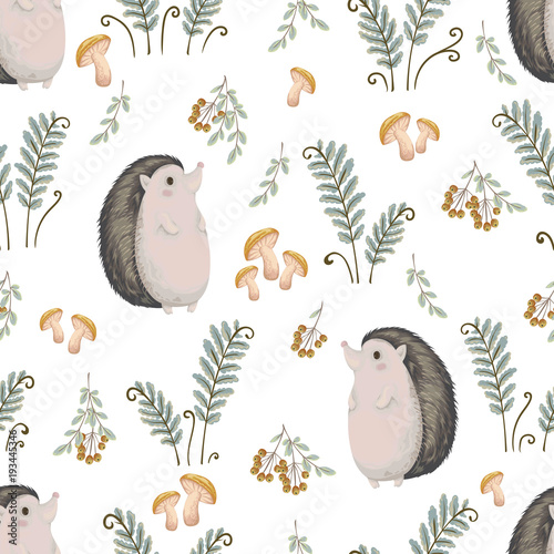 Seamless pattern with hedgehog, fern, mushrooms, tree branches and berries. Cute cartoon characters. Hand drawn vector illustration in watercolor style