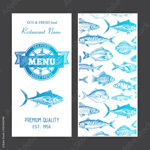 Vector illustration sketch - logo seafood. Restaurant menu.