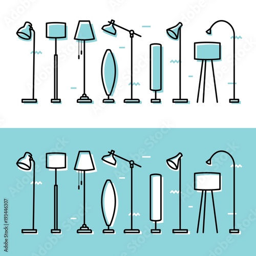 floor lamp light standing furniture interior outline line icon scandinavian memphis vector set illustration cover background