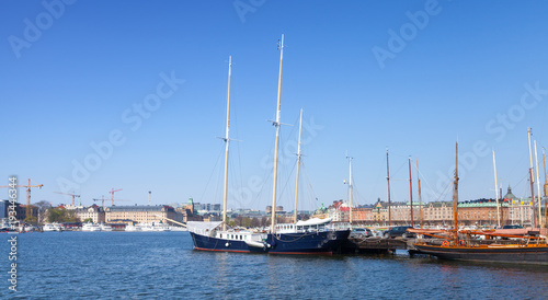 Vintage sailing ships moored in Stockholm city