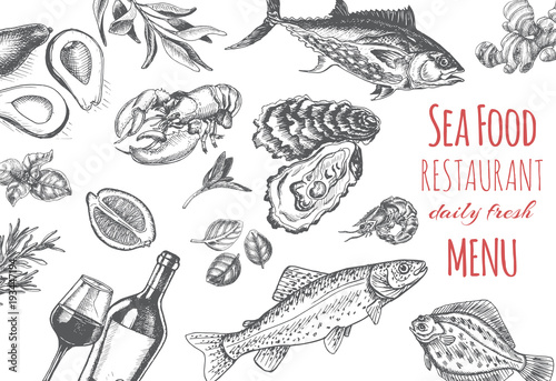 Vector illustration sketch - seafood. Card Menu restaurant. vintage design template, banner