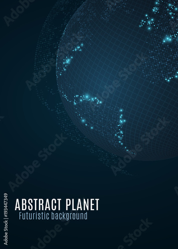 Abstract planet earth. Blue glowing map of small dots. Dark futuristic background. Space concept. High tech. World map. Global network connection. Vector illustration