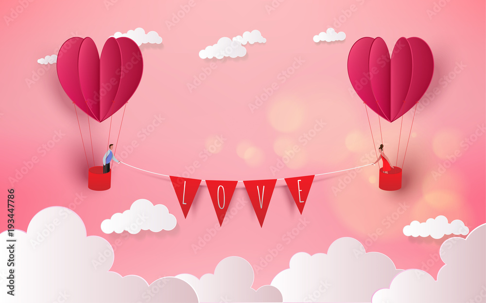 Sweet couple in a hot air balloon on honeymoon vacation summer holidays romance. Love concept. Happy Valentine's Day wallpaper, poster, card. Vector illustration
