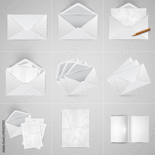 Realistic paper and envelope set, vector.