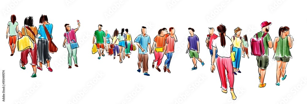 group of people walking free hand sketch panorama view isolated on white background group of people walking free hand sketch panorama view isolated on white background