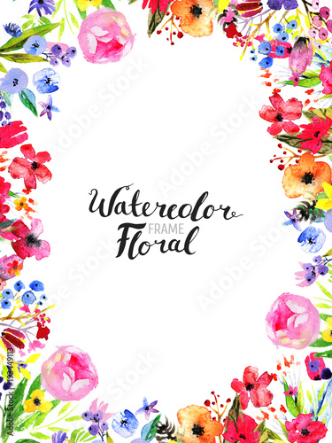 Watercolor Floral Background. Hand painted border of flowers. Good for invitations and greeting cards. Frame isolated on white and brush lettering. Rose, poppy and peony illustration Spring blossom