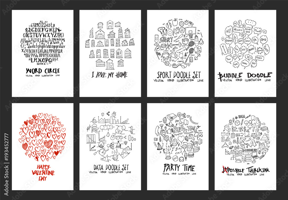 Set of doodles vector. Collection Font, Info, Sport, Party, Speech Bubble, Business, Valentine, House. circle form on a4 paper cover eps10 Set of doodles vector. Collection Font, Info, Sport, Party, Speech Bubble, Business, Valentine, House. circle form on a4 paper cover eps10