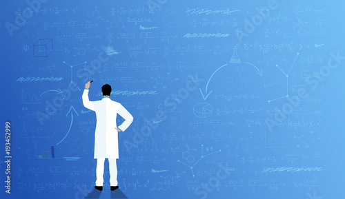 dottore, scienziato, di spalle, scrivere,sfondo