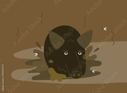Smelly wild boar in mud vector illustration 