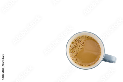 Cup of coffee with foam isolated on white background all top view