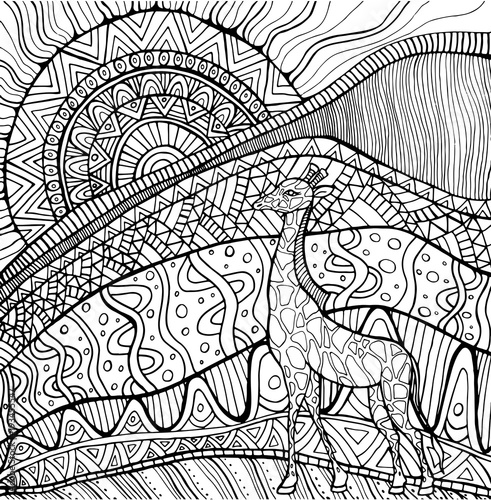 Ornamental giraffe and sun and African landscape, coloring page