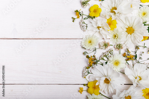 Fototapeta Naklejka Na Ścianę i Meble -  A bouquet of white flowers cosmea or cosmos with ribbon on white boards. Garden yellow flowers over handmade wooden table background. Backdrop with copy space.