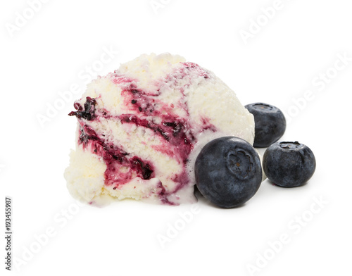 Ball of blueberry ice cream with fresh blueberries