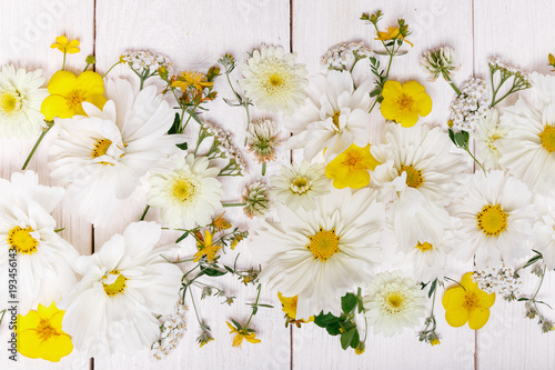 Fototapeta Naklejka Na Ścianę i Meble -  A bouquet of white flowers cosmea or cosmos with ribbon on white boards. Garden yellow flowers over handmade wooden table background. Backdrop with copy space.