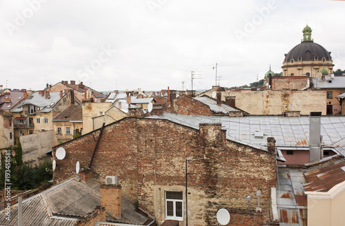 View from the height of the church in the central part of Lvov from the observation deck