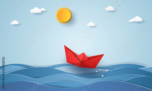 Origami boat sailing in blue ocean , paper art style