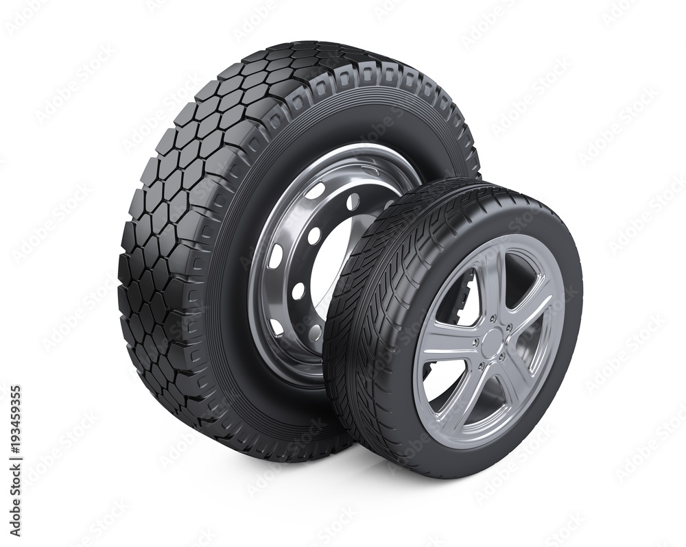 Set of two tires. New car wheels with disk for cars and trucks.