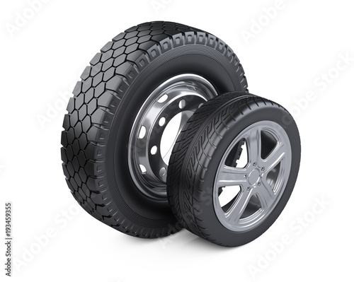 Set of two tires. New car wheels with disk for cars and trucks.