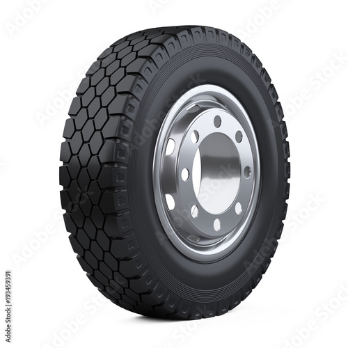 New vehicle truck tire. Big car wheel with disk.