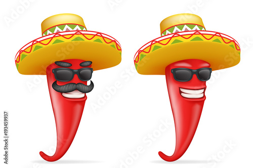 Mexican hat red cool hot chili pepper sunglasses mustache happy character realistic 3d cartoon design vector illustration