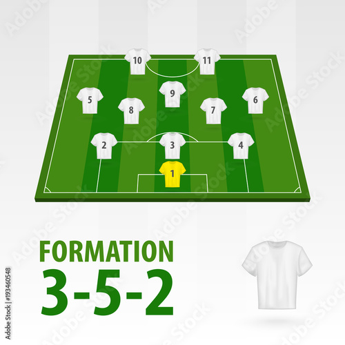 Football players lineups, formation 3-5-2. Soccer half stadium.