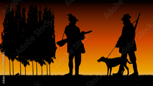 Obraz na plátne chasseurs le matin ombres chinoises