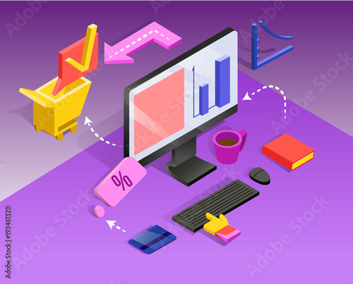 3d isometric internet banking. Money transfer, financial transaction. Vector illustration.