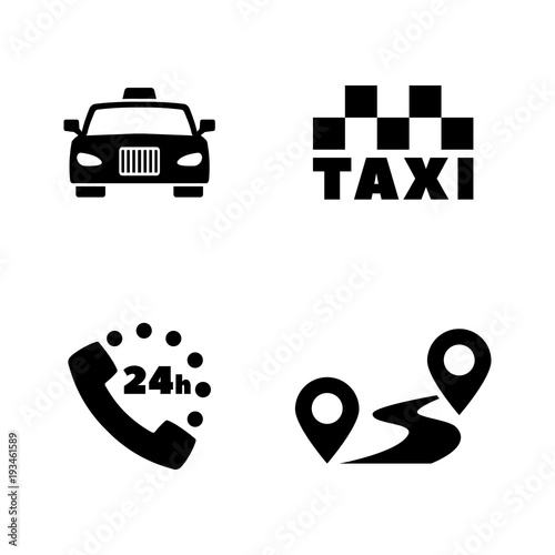 Taxi Service. Simple Related Vector Icons Set for Video, Mobile Apps, Web Sites, Print Projects and Your Design. Black Flat Illustration on White Background.