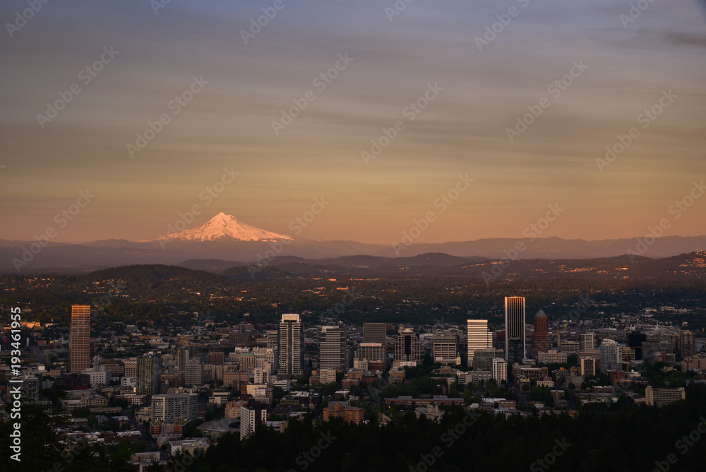 Golden hour sunset over Portland Oregon