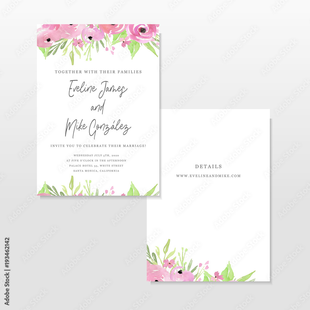 Wedding invitation template with pink flowers, wreath, marriage, flowers, hand drawn illustration