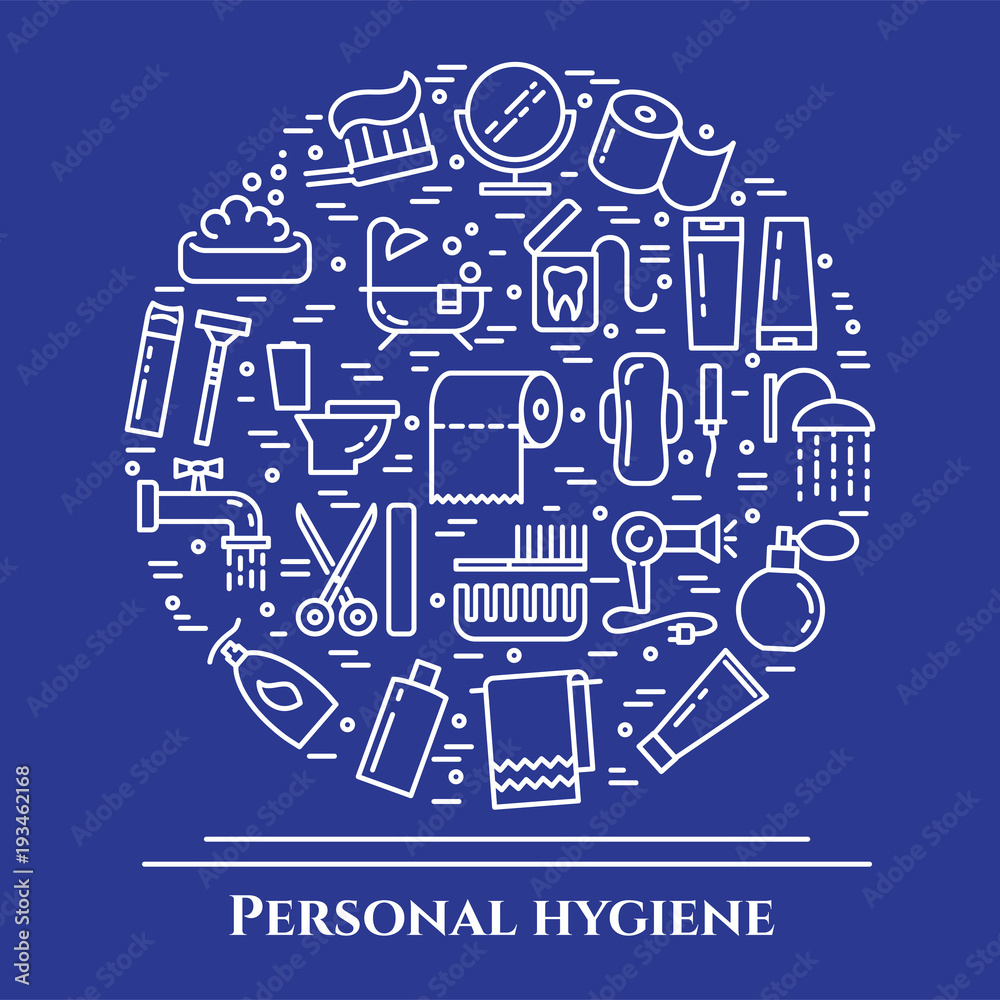 Personal hygiene blue line banner. Set of elements of shower, soap, bathroom, toilet, toothbrush and other cleaning pictograms. Line out. Simple silhouette. Editable stroke. Vector illustration