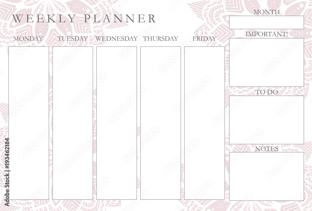 Weekly planner with mandalas, stationery organizer for daily plans, floral vector weekly planner template, schedules - obrazy, fototapety, plakaty 