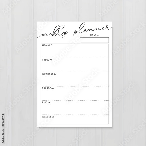 Weekly planner black and white, vertical planner, stationery organizer for daily plans, vector weekly planner template, schedules