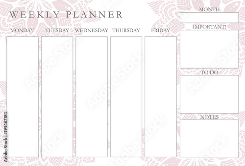 Weekly planner with mandalas, stationery organizer for daily plans, floral vector weekly planner template, schedules photo