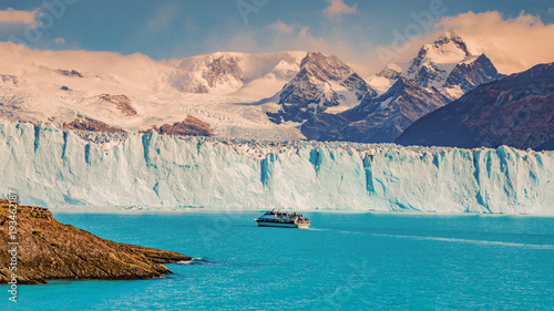 View of glacier Perito Moreno in Patagonia and touristic boat