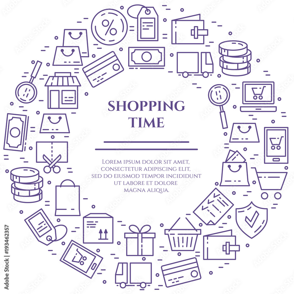 Shopping theme violet horizontal banner. Pictograms of bag, credit card, shop, delivery, cash, wallet, cart, sticker, other purchases related elements. Vector illustration Editable stroke