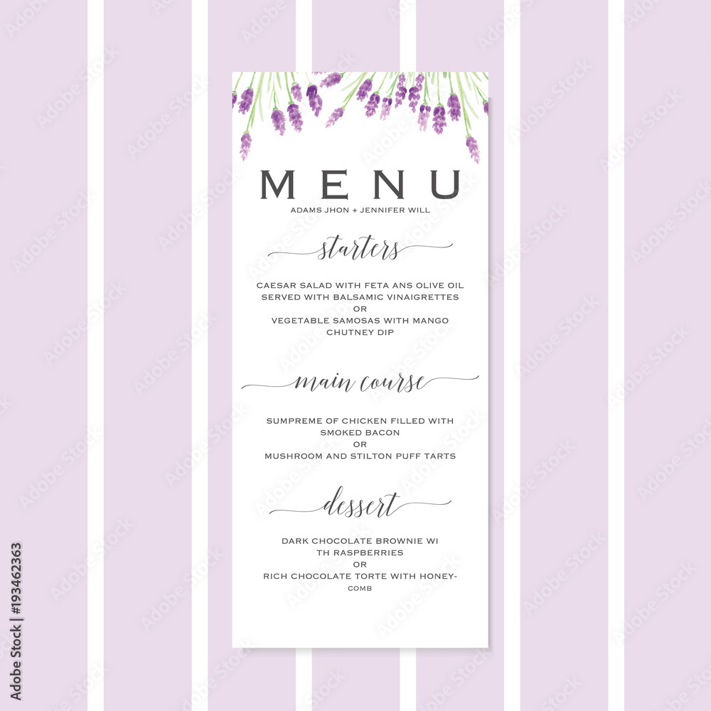 Wedding menu template with hand drawn watercolor lavander flowers, leaves and branches, illustration, wedding.