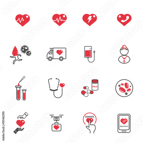 Heart medical care icons. Healthcare and Technology concept. Emergency and Blood donation concept. Illustration vector collection set. Sign and Symbol theme.