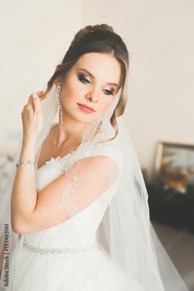 Beautiful bride wearing fashion wedding dress with feathers with luxury delight make-up and hairstyle, studio indoor photo shoot