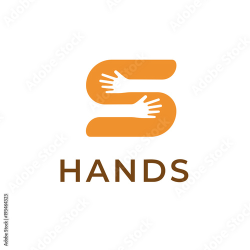 Hands holding S letter logo template. Creative symbol for branding. Isolated vector icon with concept of people, help and support.
