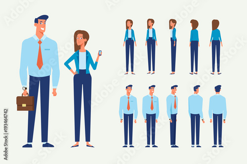 Vector character set for animation. Business people - man and woman. Front, side, back view animated characters. 