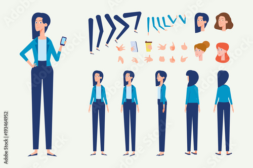 Front, side, back, 3/4 view animated character. Business woman character creation set with various views, hairstyles, and gestures. Cartoon style, flat vector illustration.
