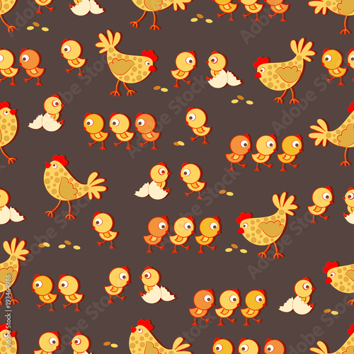 Chicken Mom and little chickens on a dark background. Seamless pattern. Design for children's textiles, background image for packaging materials, agricultural products. Cartoon style.